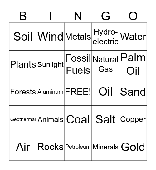 Natural Resource Bingo Card
