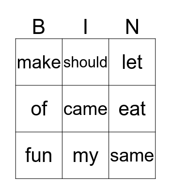Snap Word Bingo! Bingo Card