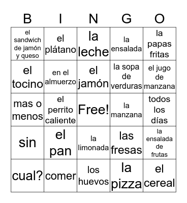 Unit 3A English to Spanish Bingo Card