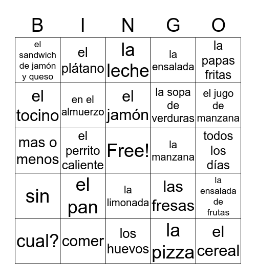 Unit 3A English to Spanish Bingo Card