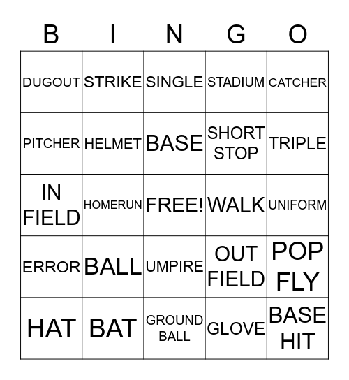 BASEBALL BINGO  Bingo Card