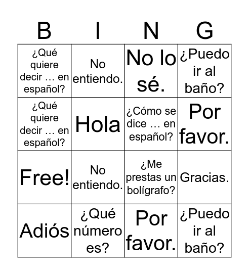 Frases de clase Bingo Card