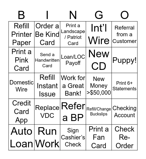 Banker Bingo Card