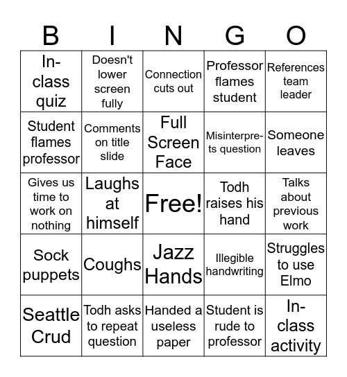 Tuesday/Thursday Classes Bingo Card