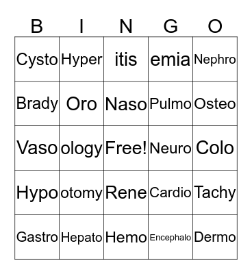 Medical Terminology Bingo Card