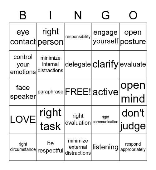 Active Listening and Delegating Bingo Card