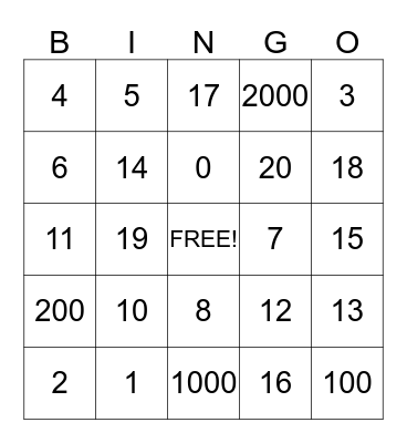 Number Bingo Card