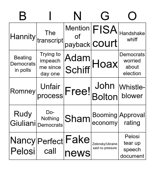 Trump Impeachment Victory Speech Bingo Card