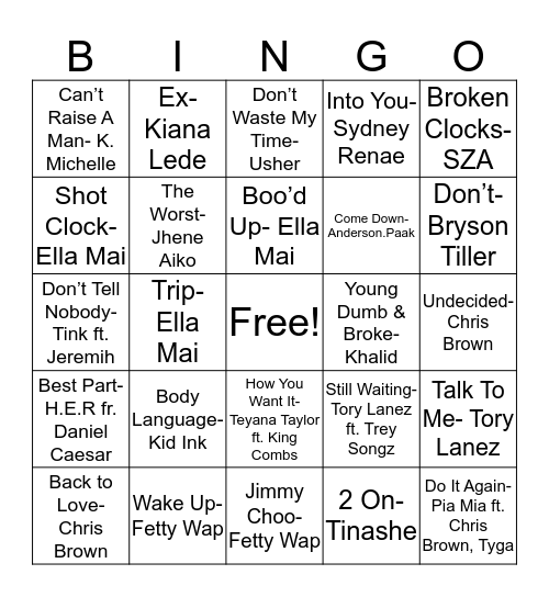 Latest R&B Bingo Card