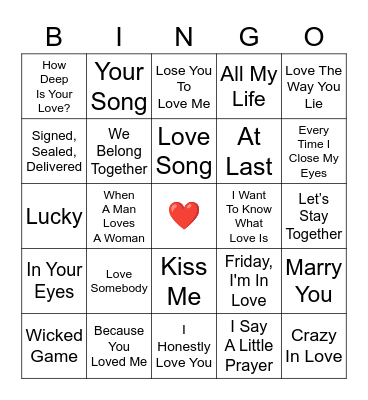 Songs About Love Bingo Card