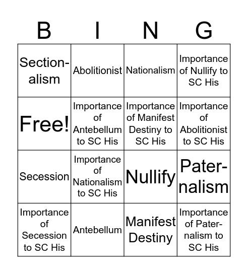 Antebellum Bingo Card