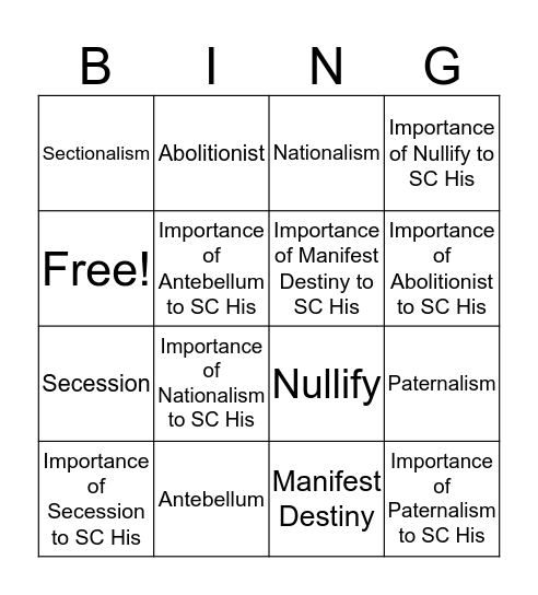 Antebellum Bingo Card
