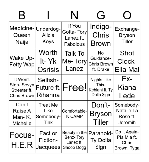 Latest R&B Bingo Card