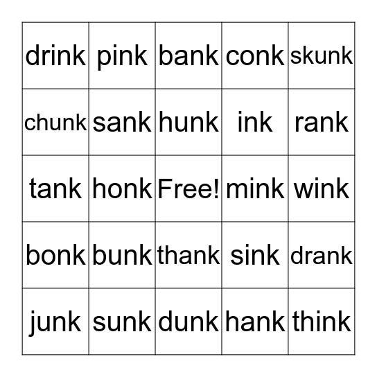 Word Bingo -ank, -ink, -onk, -unk Bingo Card
