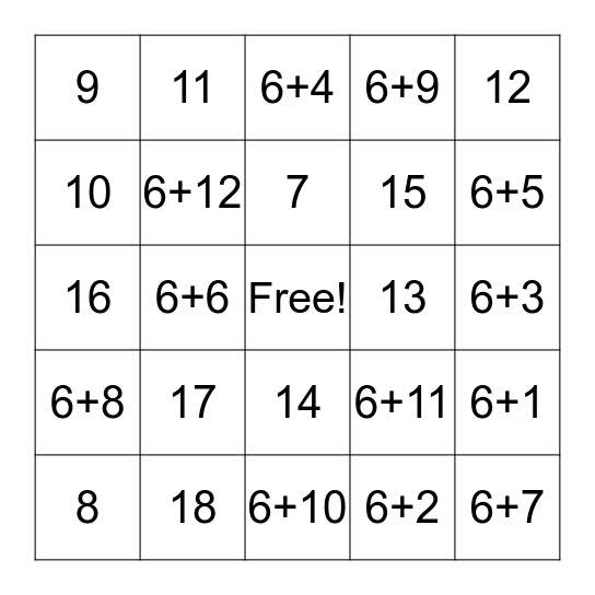 Number Bingo Addition Facts - 6's  Bingo Card