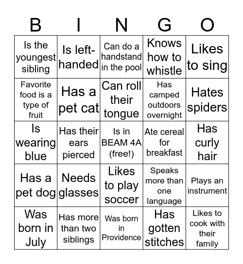 BEAM Bingo Card