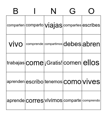 Sp1 er/ir verbs Bingo Card
