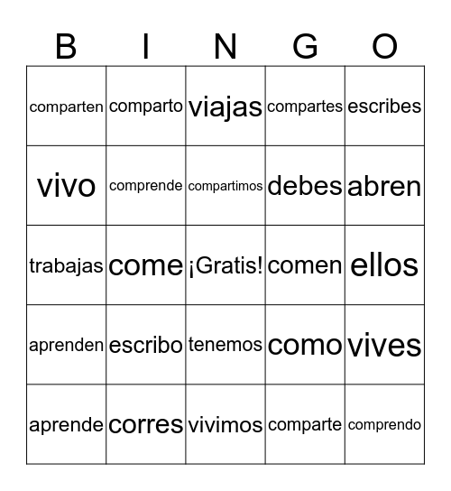 Sp1 er/ir verbs Bingo Card