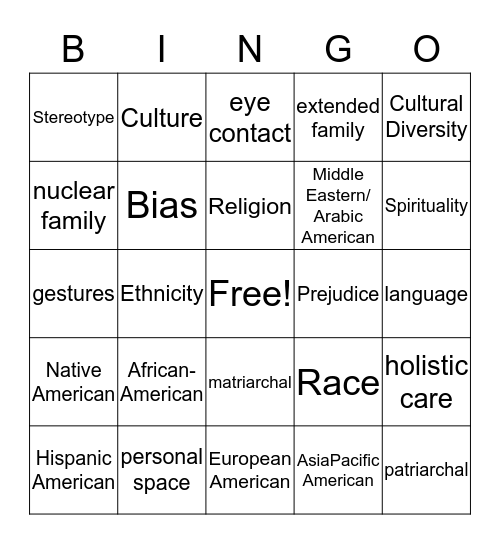 Cultural Competency Bingo Card