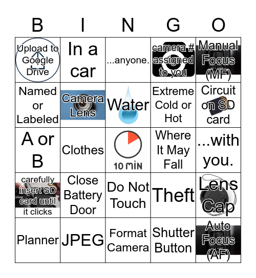 Camera Safety Bingo Card