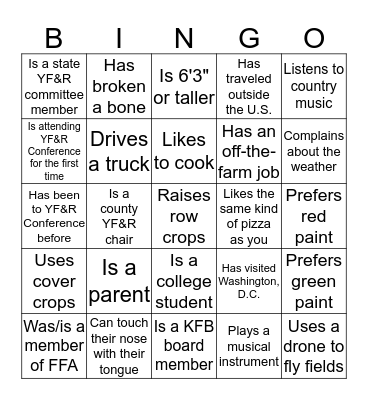 YF&R Find a Friend Bingo Card