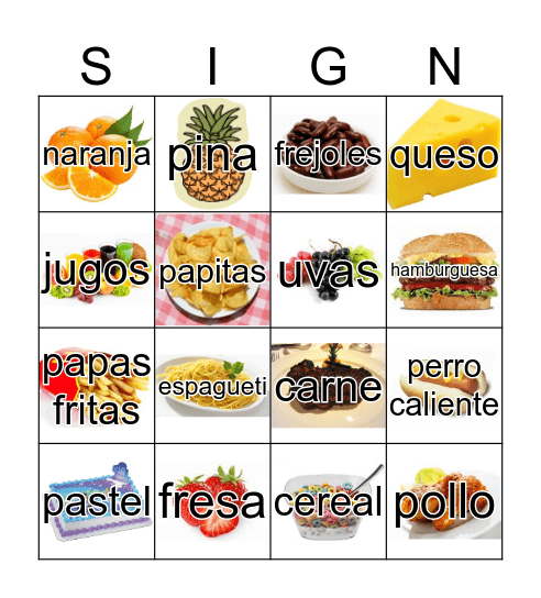 Comida y frutas 2 Bingo Card