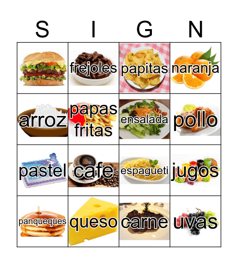 Comida y frutas 2 Bingo Card