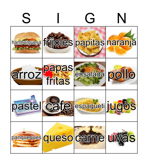 Comida y frutas 2 Bingo Card