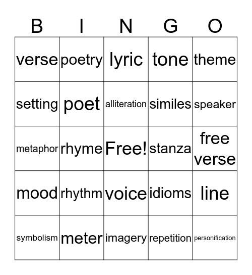 Poetry Vocabulary Bingo Card