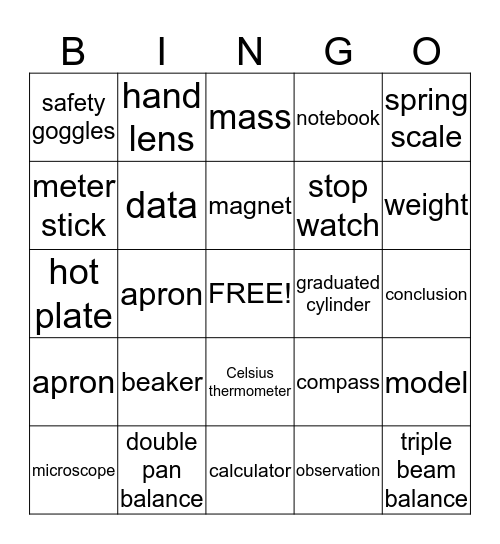 Lab Equipment Bingo Card