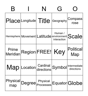 Five Themes of Geography Bingo Card