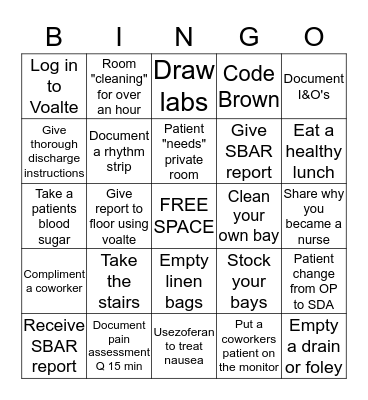 PACU Nurse's Week 2020 Bingo Card