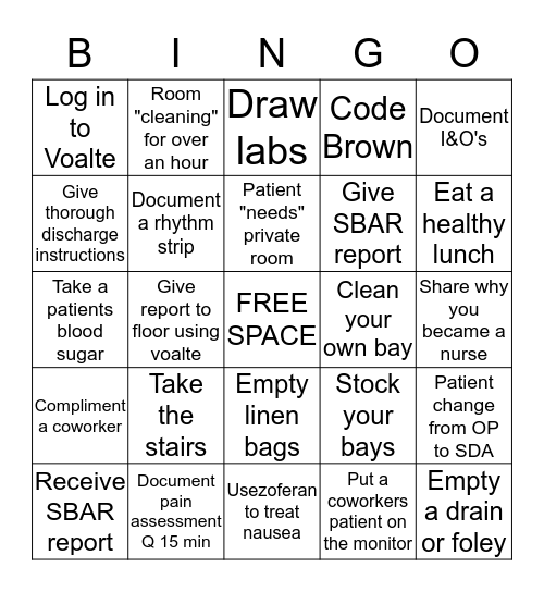 PACU Nurse's Week 2020 Bingo Card