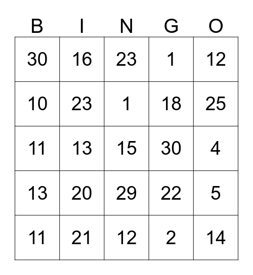 Numbers 1-30 Bingo Card