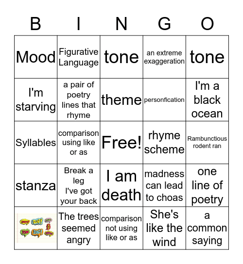 Poetry Terminology Bingo Card