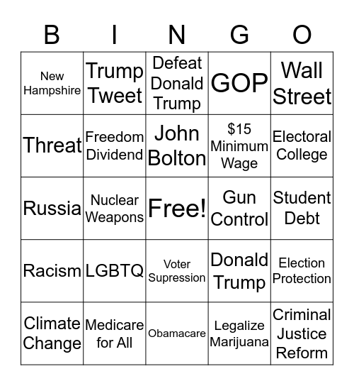 YDG Debate Watch Party Bingo Card