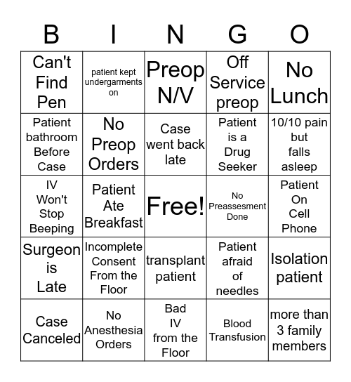 Periop Bingo Card