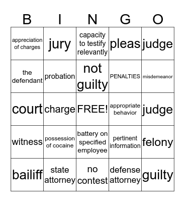 Court Education Bingo Card