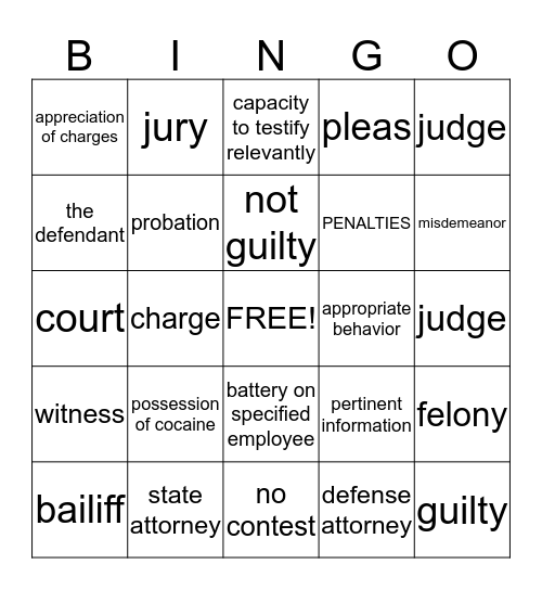 Court Education Bingo Card