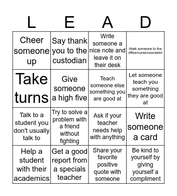 Lead with kindness Bingo Card