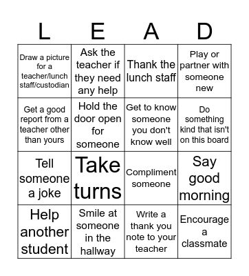 LEAD with kindness Bingo Card