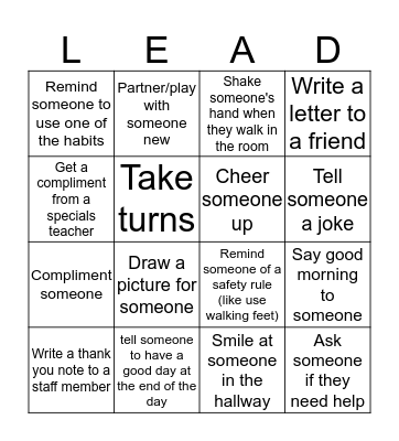 LEAD with Kindness Bingo Card