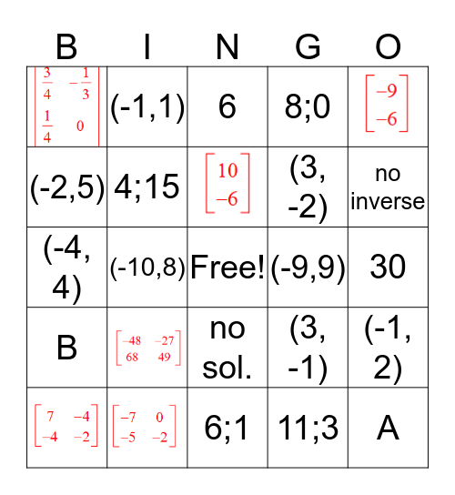 Chapter 2 Review Bingo Card