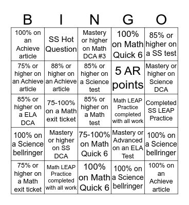 5th Grade Wildcat Bingo Card