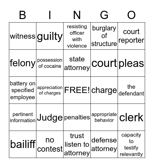 Court Education Bingo Card