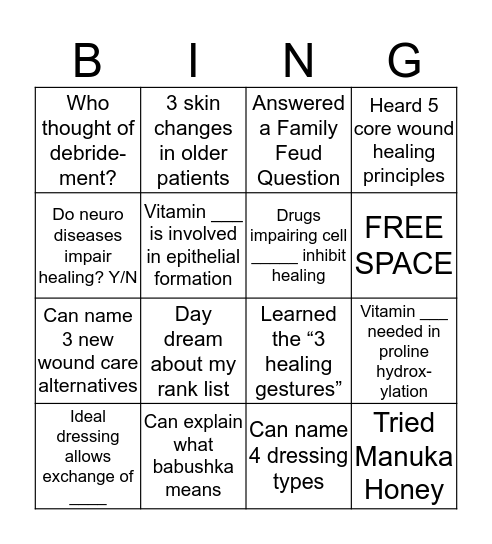 Wound Healing BINGO Card