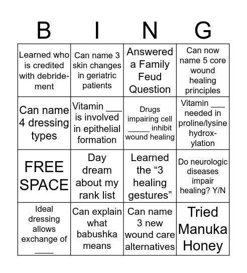 Wound Healing BINGO Card