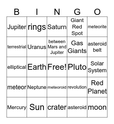 Solar System Bingo Card