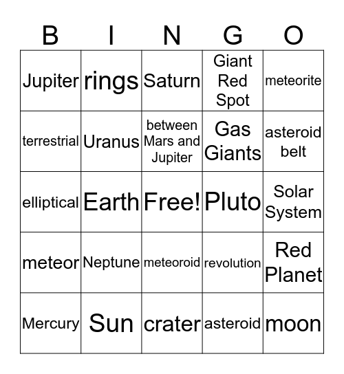 Solar System Bingo Card