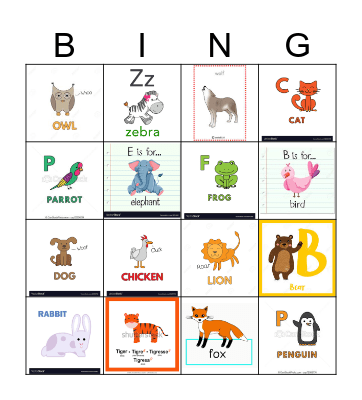 ANIMALS Bingo Card